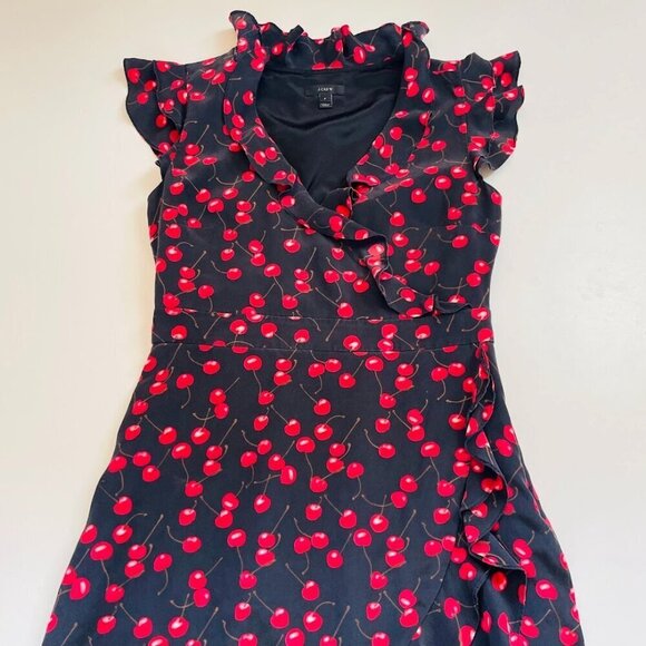 J. Crew 100% Silk Black Cherry Print Ruffle Cap Sleeve V Neck Midi Dress V Neck - Picture 4 of 12